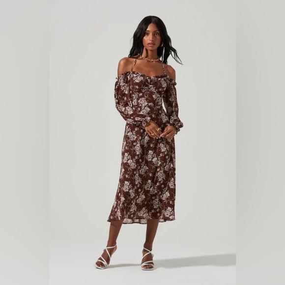 ASTR Off Shoulder Cinhced Bust Midi Dress in Brown Mauve Floral Size Small NWT - Picture 2 of 7